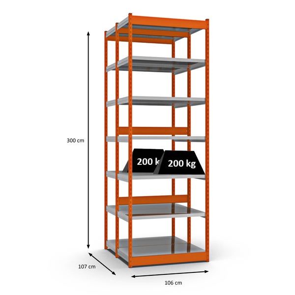 PROREGAL Fachbodenregal Stecksystem Vierkant-Profil Grundregal HxBxT 300 x 102,5 x 50 cm 2x7 Ebenen Doppelseitige Bauart Fachlast 200 kg Orange