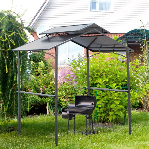 Outsunny Grillpavillon mit Flammschutzdach BBQ-Pavillon mit 2 Ablagen 2,5 x 1,5m Stahl PC Schwarz+Braun
