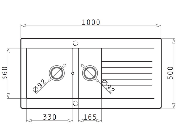 Technische Zeichnung einer Spüle mit den Maßen 1000 x 500 mm.