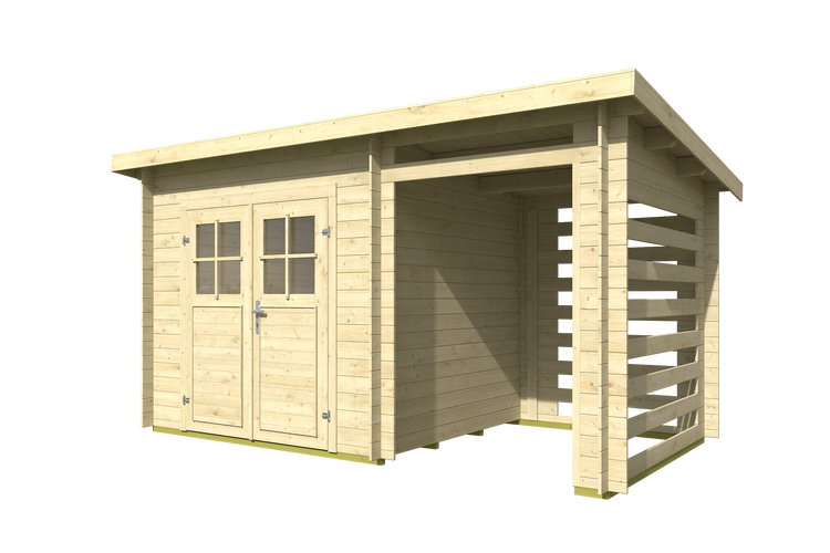 Gartenhaus aus Naturholz mit Flachdach, Doppelflügeltür mit Glaseinsätzen und integriertem Unterstand.