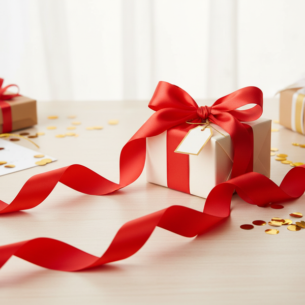 Weißes Geschenkpaket mit roter Satinschleife und Anhänger auf einem Holztisch mit goldenem Konfetti.