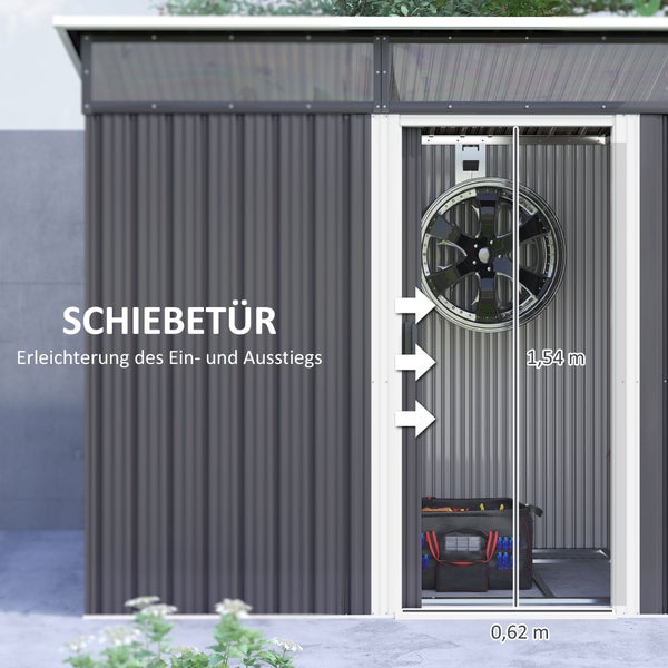 Outsunny Metall Gerätehaus 1,9m² 195x122x182cm Geräteschuppen mit Fundament Pultdach Fenster Schiebetür Haken Handschuhe wetterfest Gartenhaus Outdoor Garten Schuppen für Hinterhof Garten Dunkelgrau