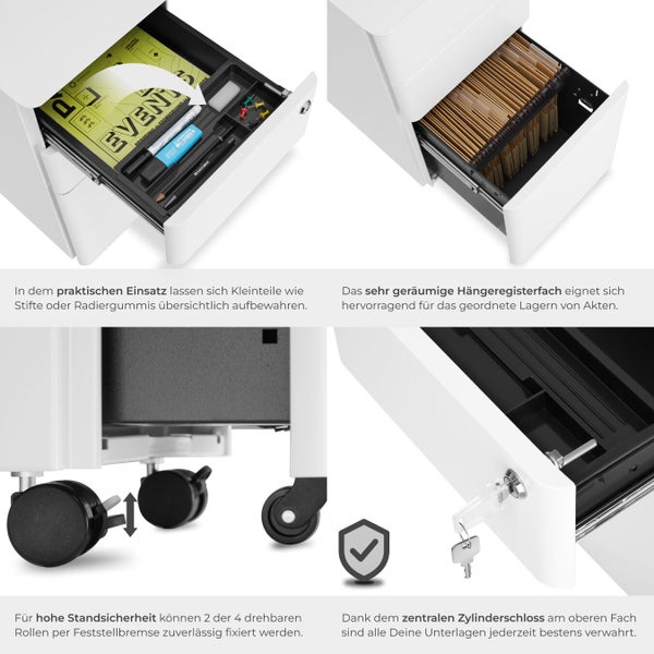 Detailansicht eines weißen Rollcontainers mit Schubladen zur Aufbewahrung von Büromaterialien und Hängeregistraturen, inklusive Rollen mit Feststellbremse und Zylinderschloss