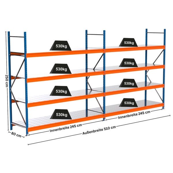 Lagerregal mit drei Ebenen und Gewichtsangaben