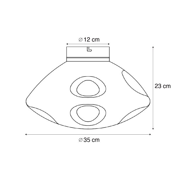 Technische Zeichnung einer Deckenleuchte mit den Maßen 12 cm Durchmesser oben, 35 cm Durchmesser unten und 23 cm Höhe.