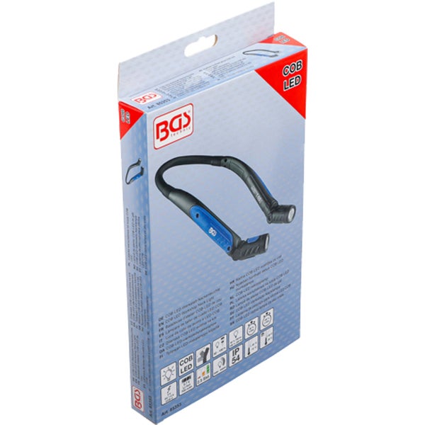 LED-Nackenleuchte mit zwei flexiblen Armen und integrierten Schaltern, Schwarz und Blau.