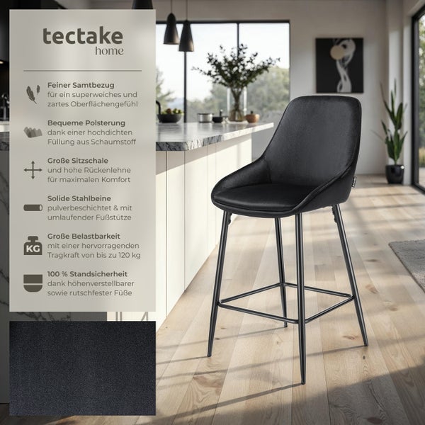 Thekenstuhl tectake Siera 49 x 54 x 100 cm, Belastbarkeit 120 kg gepolstert, weicher Bezug Samtoptik schwarz/schwarz