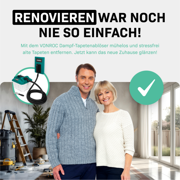 VONROC Dampftapetenablöser zum Tapeten entfernen [2300W] - Tapetenablöser mit Dampf [70 Minuten Arbeitszeit] - Tapetenlöser Dampfgerät 4m Schlauch und 4,5l Wassertank