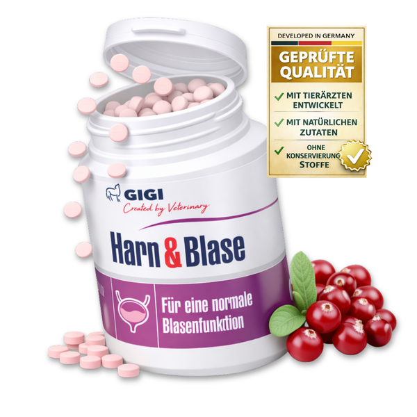 GIGI Harn und Blase Nahrungsergänzungsmittel für Haustiere für die Blasenfunktion mit Cranberry, Tabletten und Siegel für geprüfte Qualität.