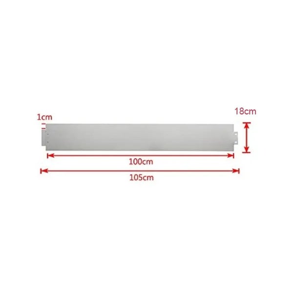 Rasenkante aus Metall mit den Maßen: Höhe 18 Zentimeter, Länge 100 Zentimeter, Gesamtlänge 105 Zentimeter, Breite 1 Zentimeter.