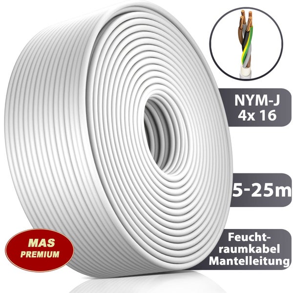 Rolle NYM-J 4 mal 16 Quadratmillimeter Mantelleitung für Feuchträume von MAS PREMIUM mit vier Kupferadern, MAS PREMIUM Logo.