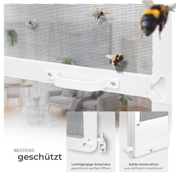 Fliegengitter-Tür mit Griff, leichtgängigen Scharnieren und stabiler Aluminium-Konstruktion zum Schutz vor Insekten.