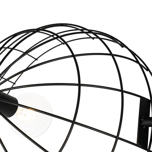 Detailaufnahme einer schwarzen Drahtleuchte mit Glühbirne