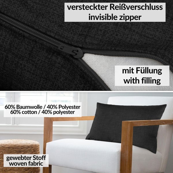 Kissenhülle Anthrazitschwarz 30x50cm mit Füllung Leinenoptik