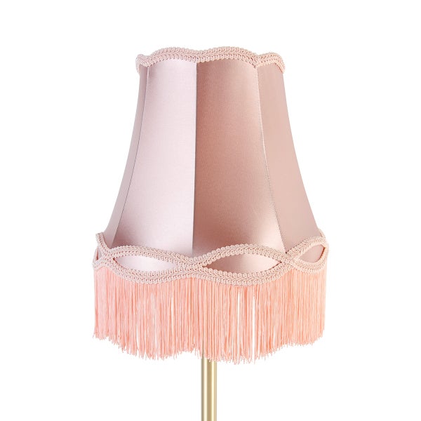 Lampenschirm aus glänzendem Stoff mit dekorativer Borte und Fransen in Glockenform, rosa.