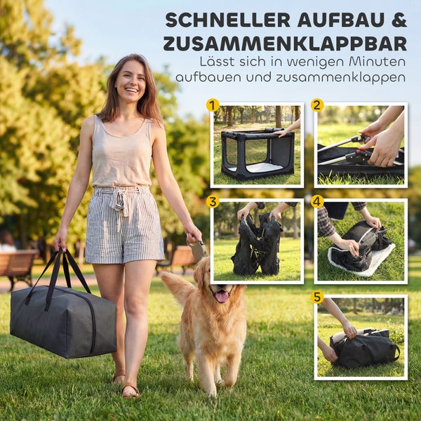 Eine Frau führt einen Hund an der Leine und trägt eine Tasche für eine faltbare Hundebox. Fünf Bilder zeigen den schnellen Auf- und Abbau.