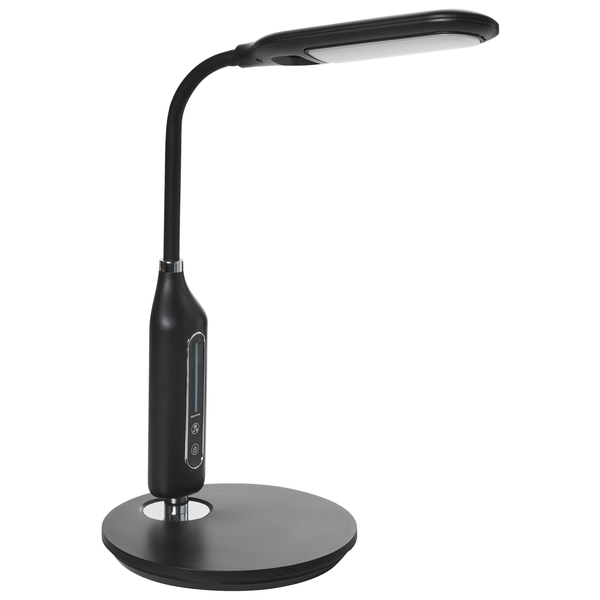 Schwarze LED-Schreibtischleuchte mit flexiblem Hals, rundem Standfuß und Touch-Dimmer.