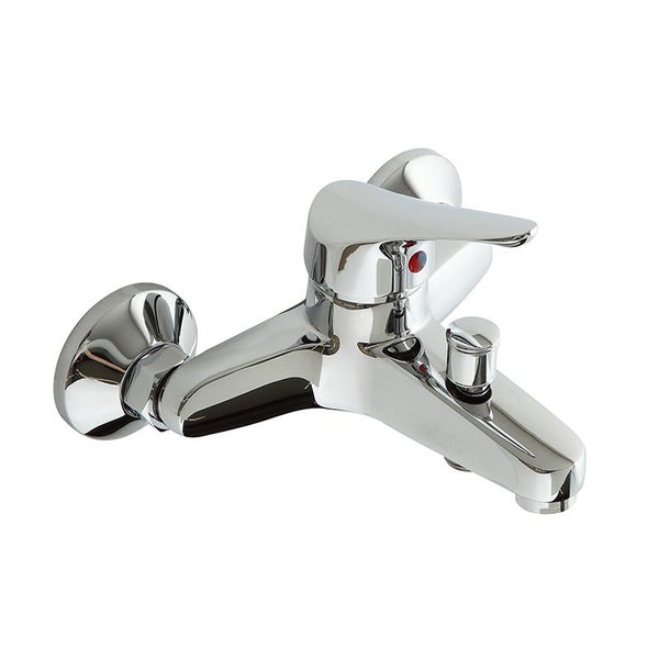 Einhebel-Wannenmischer aus verchromtem Metall zur Wandmontage mit Umsteller für Badewanne und Brause.