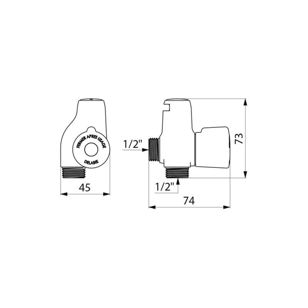 Technische Zeichnung Delabie Armatur, Maße: Breite 45 Millimeter, Höhe 73 Millimeter, Tiefe 74 Millimeter und ein halb Zoll Anschlüsse.