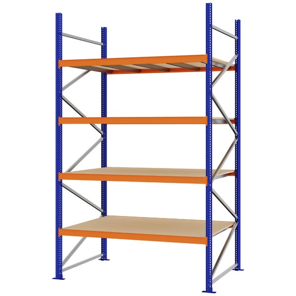 Weitspannregal aus Metall mit vier Holzböden, blauem Rahmen und orangefarbenen Traversen.