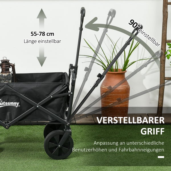 Outsunny Bollerwagen Faltbar, Transportwagen mit Sonnendach, Handwagen mit Griff, Gartenwagen mit Tragetasche, bis 100 kg Belastbar, Oxford, Schwarz