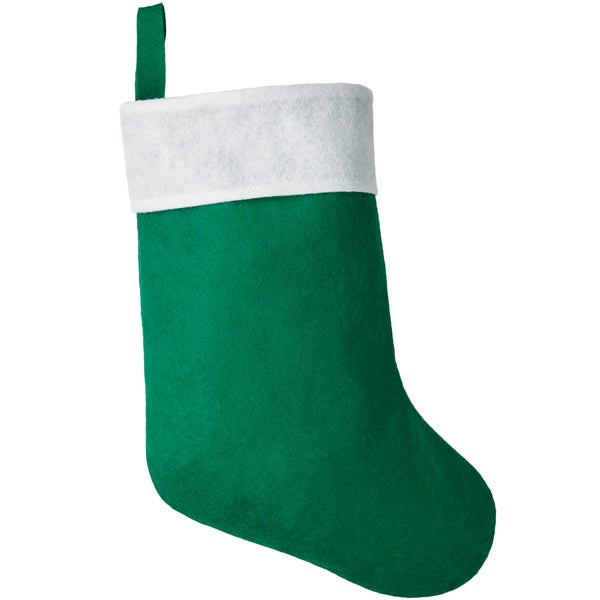 Weihnachtsstrumpf aus Filz mit weißem Rand und Aufhängeschlaufe.