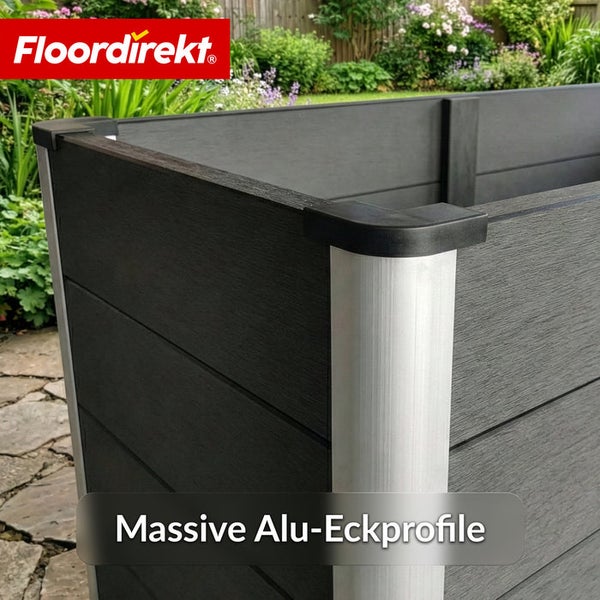 Detailaufnahme eines Hochbeets mit Aluminium Eckprofilen von Floordirekt.