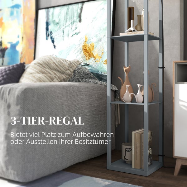 Modernes Standregal aus Metall mit 3 Ebenen, dekoriert mit Büchern und Vasen neben einem grauen Sofa.