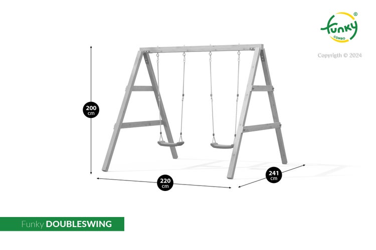 Funky DOUBLESWING Doppelschaukel aus Holz, Höhe 200 Zentimeter, Breite 220 Zentimeter, Tiefe 241 Zentimeter.