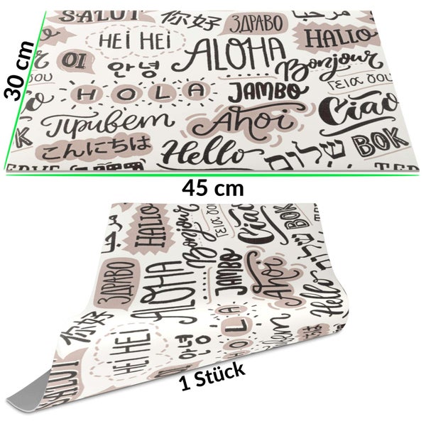 Selbstklebende Dekofolie mit internationalen Begrüßungen, Maße 45 mal 30 Zentimeter, 1 Stück.