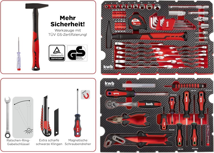 kwb Werkzeugkoffer / Werkzeug-Set, 80-teilig, Einhell E-Case-kompatibel, robust und hochwertig, ideal für den Haushalt oder die Garage, gepolstert mit Werkzeugeinlagen u. Schaumstoff im Deckel