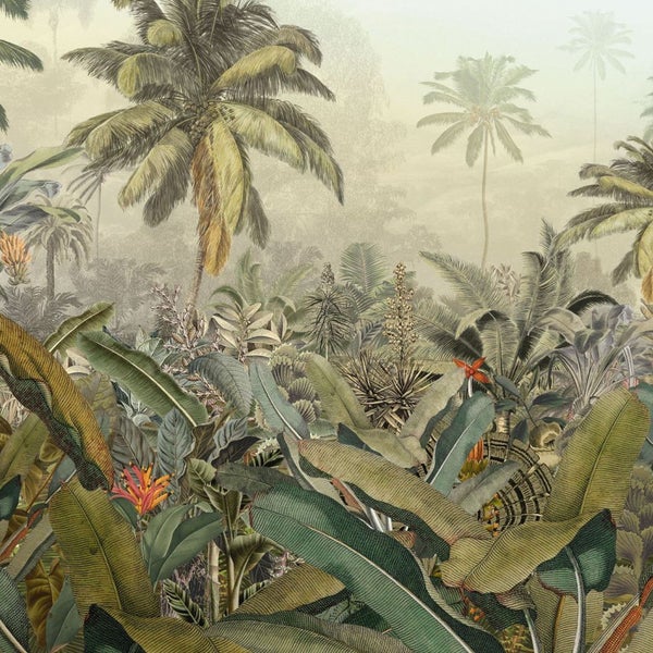 Illustration eines tropischen Dschungels mit Palmen und üppiger Vegetation