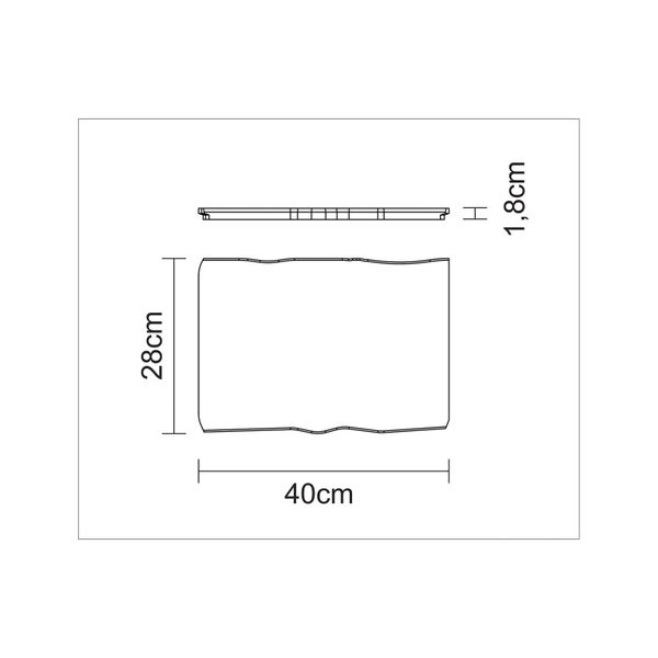 Technische Zeichnung einer Lichtplatte mit den Maßen 40 mal 28 mal 1,8 Zentimeter.