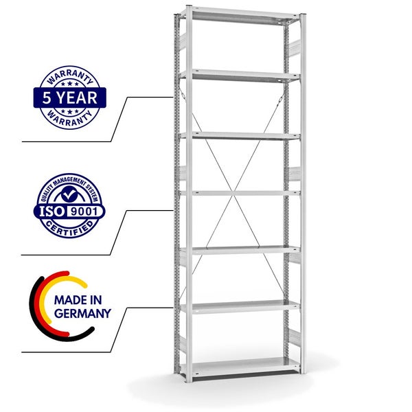 PROREGAL Fachbodenregal Stecksystem T-Profil Heavy-Duty Grundregal HxBxT 300 x 100 x 30 cm 7 Ebenen Fachlast 300 kg Einseitig Nutzbar Lichtgrau