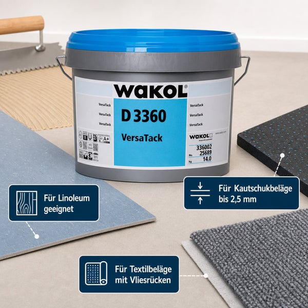 Wakol D 3360 VersaTack Klebstoff für Linoleum, Kautschukbeläge und Textilbeläge mit Vliesrücken im Eimer.