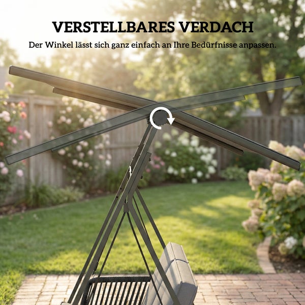 Detailansicht einer Gartenschaukel mit verstellbarem Dach im Garten. Der Neigungswinkel des Sonnendachs ist stufenlos anpassbar.