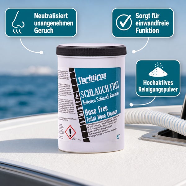 Yachticon Schlauch Frei Toilettenreiniger in der Dose zur Beseitigung von Gerüchen und Ablagerungen in Sanitärschläuchen.