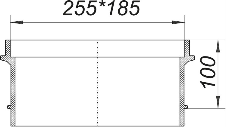 Technische Zeichnung eines rechteckigen Einbauteils mit den Maßen 255 mal 185 mal 100 Millimeter.