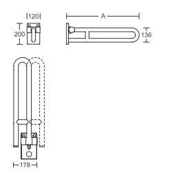 Maßzeichnung eines Stützklappgriffs für das Badezimmer mit Angaben in Millimeter.