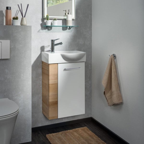 Fackelmann MILANO Gäste-WC Set 2 Teile – Waschtischunterschrank in Weiß mit Holz Braun mit Waschbecken aus Keramik – SBC Waschbeckenunterschrank schmal – Tür rechts – Hahnloch links – 45 cm breit