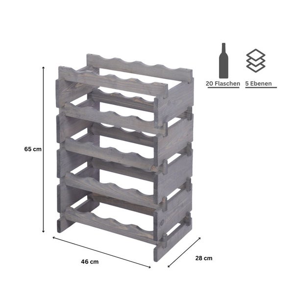 Weinregal VINOTECA FLEX PRO HxBxT 65x46x28cm 20 Flaschen auf 5 Ebenen Massives Kiefernholz Grau