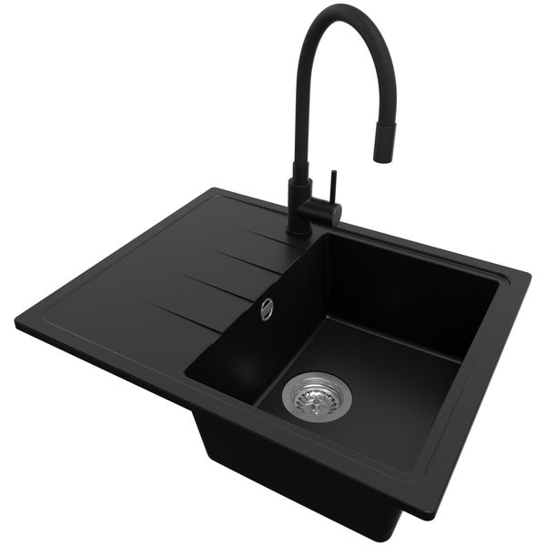 PRIMAGRAN Granitspüle Schwarz 62x50cm, Spülbecken 1 Becken + Küchenarmatur 40x38cm + Ablauf-Set, Küchenspüle ab 40er Unterschrank - Mailand