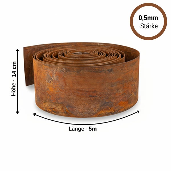 Rasenkante aus rostigem Metall auf Rolle, Höhe 14 Zentimeter, Länge 5 Meter, Materialstärke 0,5 Millimeter.