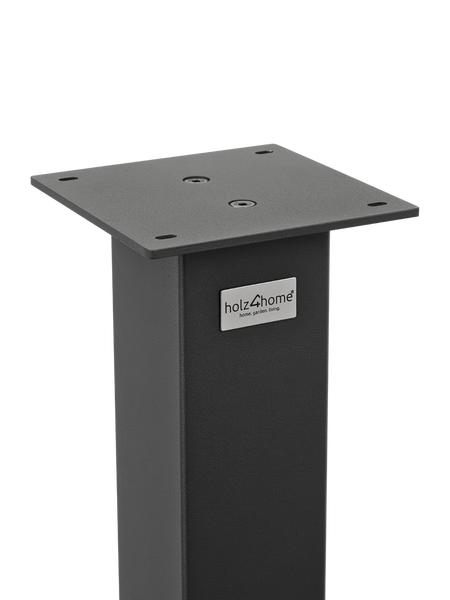 Quadratisches Tischbein aus Metall mit Montageplatte und holz4home Logo.