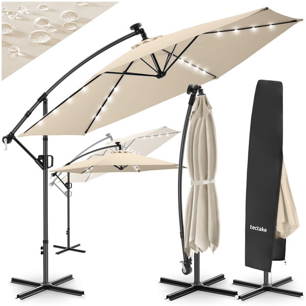 Tectake Ampelschirm mit LED-Beleuchtung, wasserabweisendem Stoff und Schutzhülle mit tectake Logo, beige.
