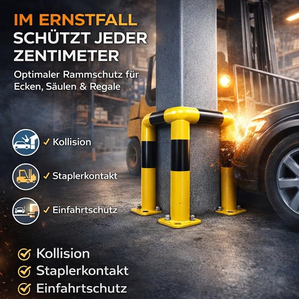 Gelb-schwarzer Rammschutz aus Stahl für Säulen und Regale zum Schutz vor Kollisionen, Staplerkontakt und als Einfahrtschutz im Lager.