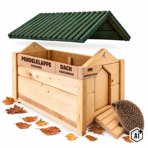 Holzigelhaus mit Rampe und Klappe als geschützter Unterschlupf für Igel im Garten