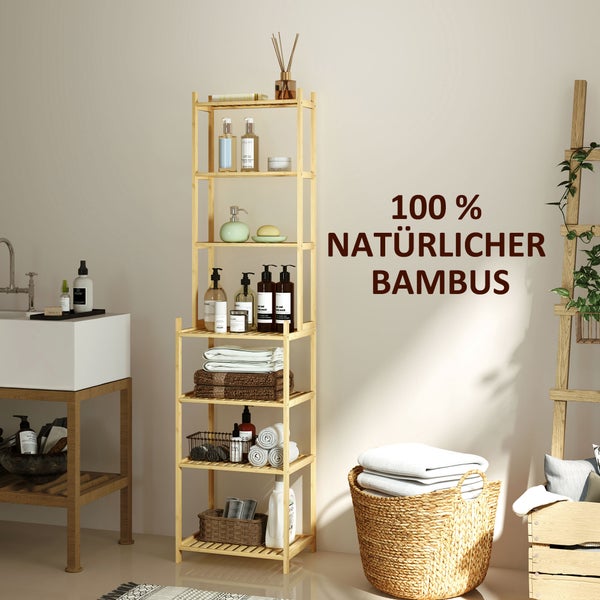 HOMCOM Badregal, Badezimmerregal mit 7 Ebenen, Standregal Aufbewahrungsregal aus Bambus für Wohnzimmer, Badezimmer, Natur, 44 x 33 x 180 cm