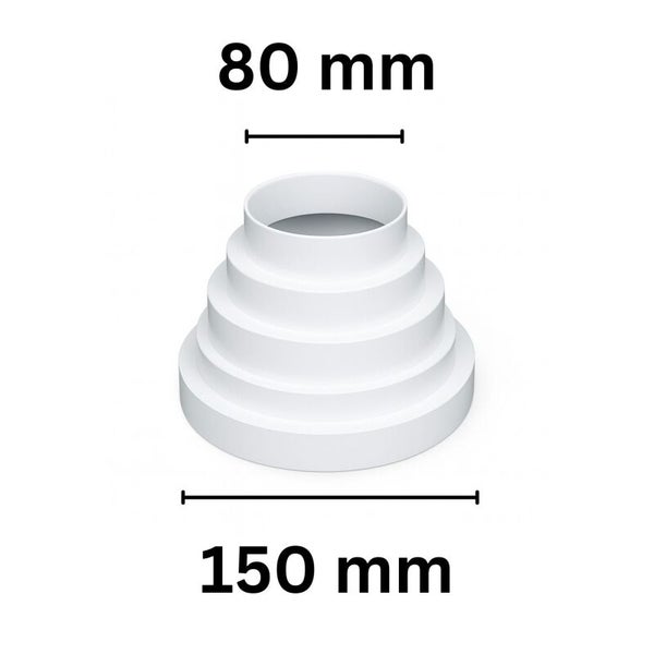 Stufenrohradapter für Lüftungsanlagen mit einem Durchmesser von 80 Millimeter bis 150 Millimeter aus Kunststoff.