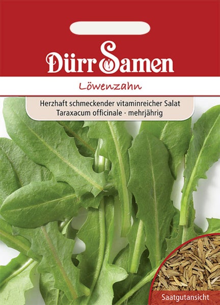 Samentüte Dürr Samen Löwenzahn mit Abbildung von grünen Löwenzahnblättern und einer Detailansicht der Samen.